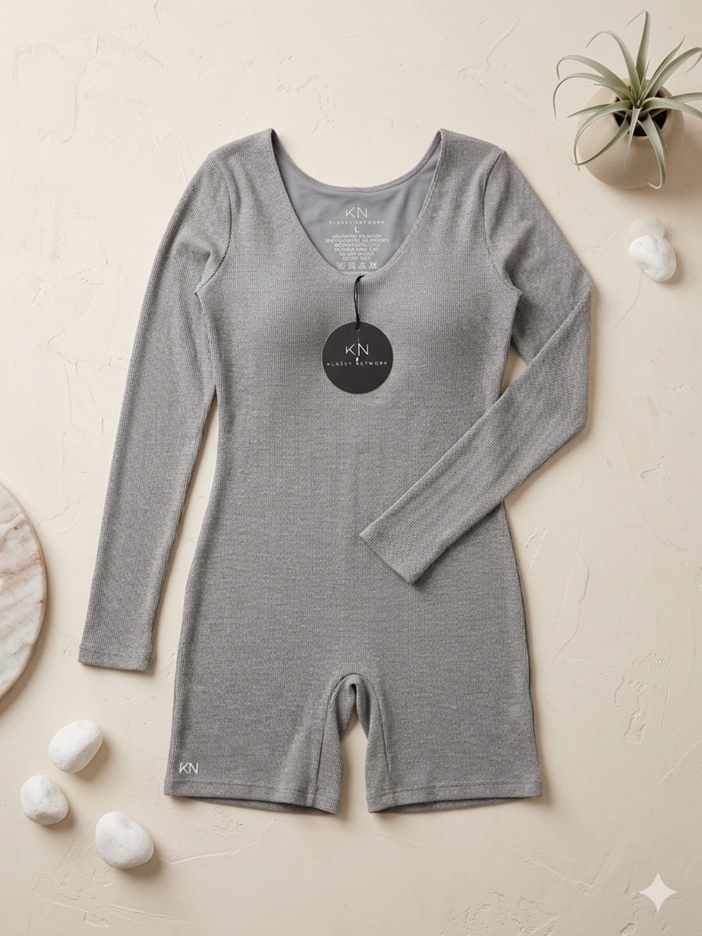 Klassy Network Gray Ribbed Long-Sleeve Romper Bodysuit